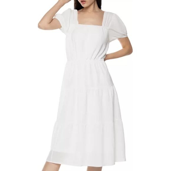 BLACK TAPE SZ M White Square Neck Puff Sleeve Tiered Midi Dress NWT B134 - Picture 1 of 10